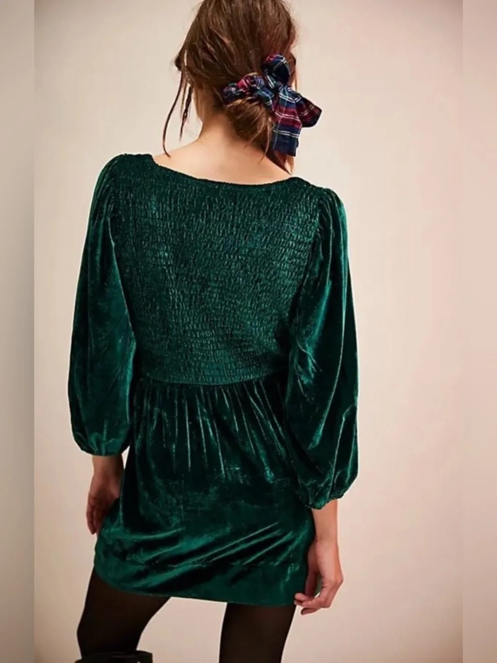 Free People large Farrier greenvelvet mini dress Christmas smocked bodice